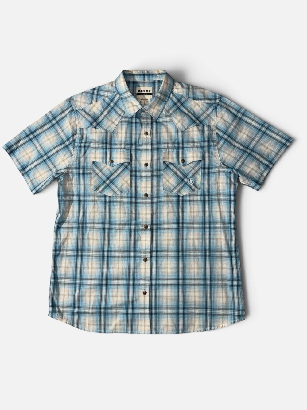 Ariat mens L Large blue plaid short sleeve button snap retro fit shirt EUC